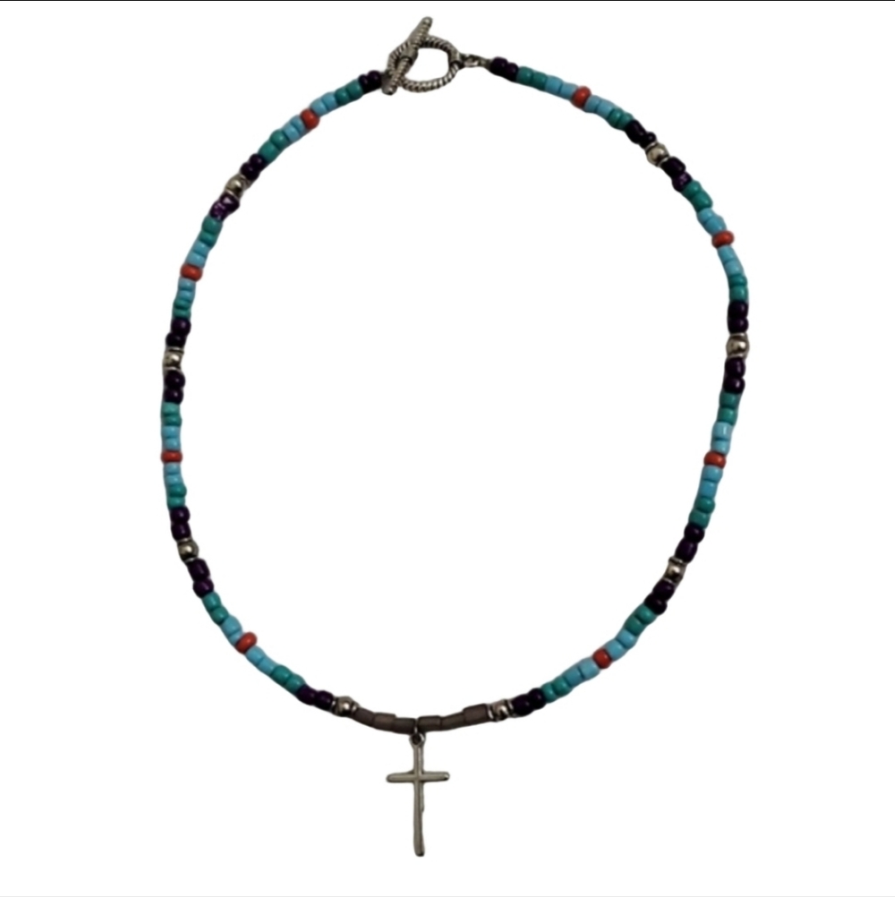 Multicolor Beaded Necklace with Cross Pendant